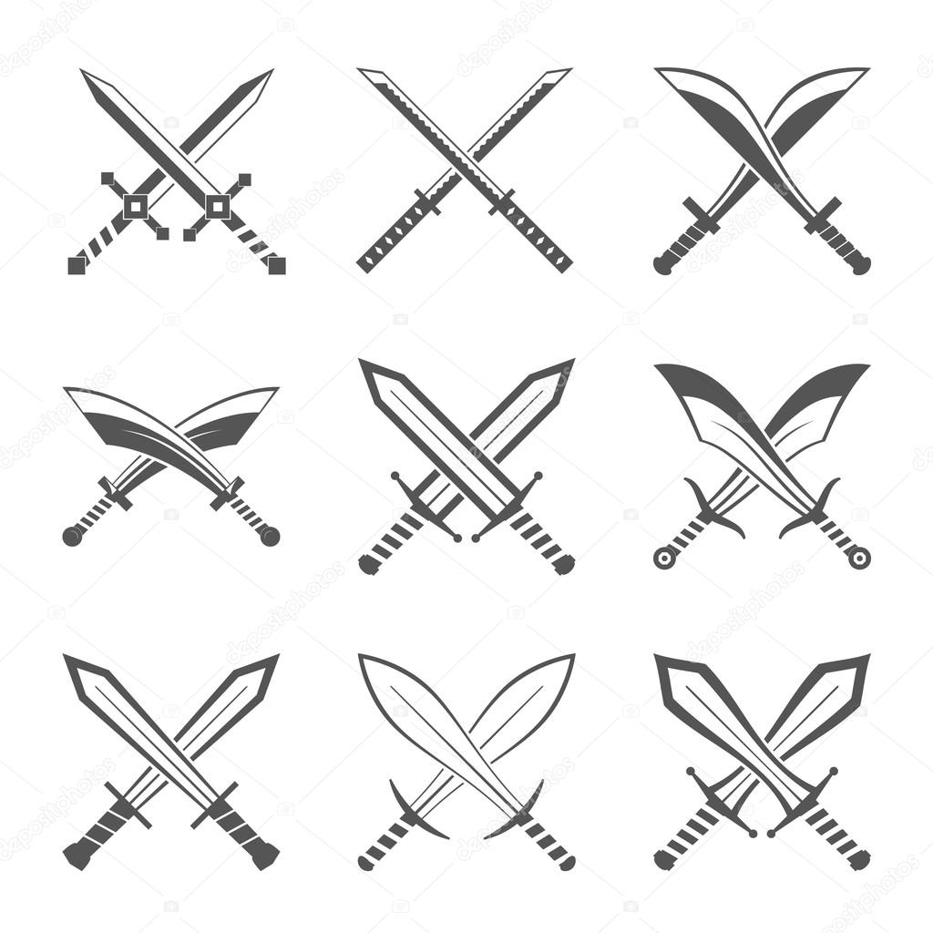 Set of heraldic shields and swords and sabres
