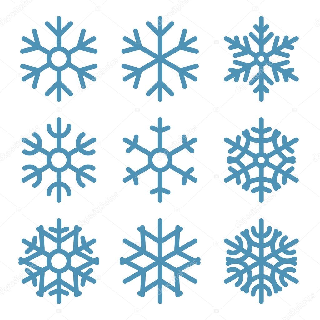 Set of Nine Snowflakes thin line ftat design