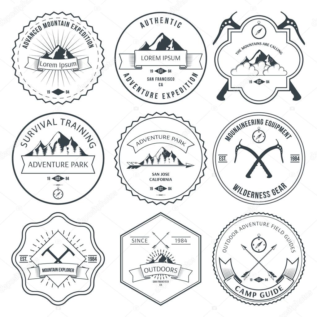 Camping mountains adventure hiking explorer equipment labels