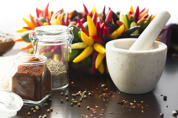 Chili Peppers and spices — Stock Photo, Image
