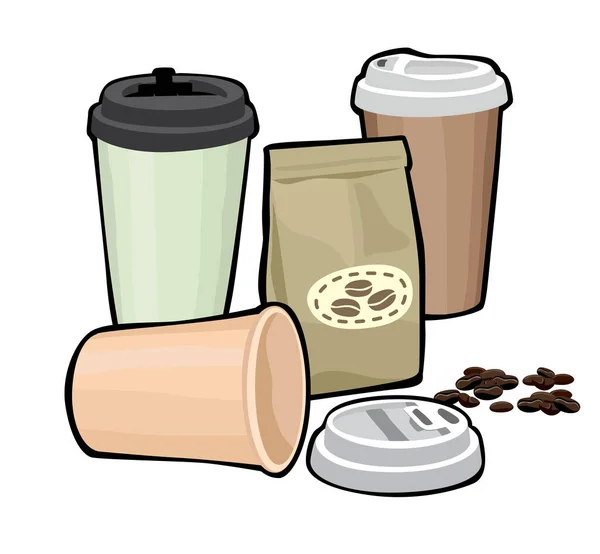 Coffee Cups Packet Collage Coffee Cups Lid Coffee Coposition — 图库矢量图片