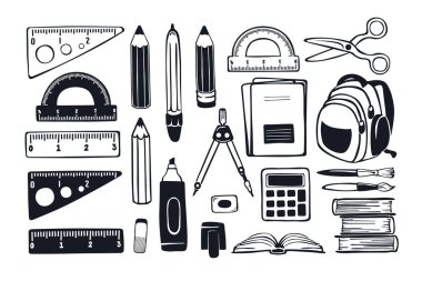 Okul malzemeleri hazır. Okul ekipmanı klipsli sanat. Resmin el çizimi monokrom koleksiyonu
