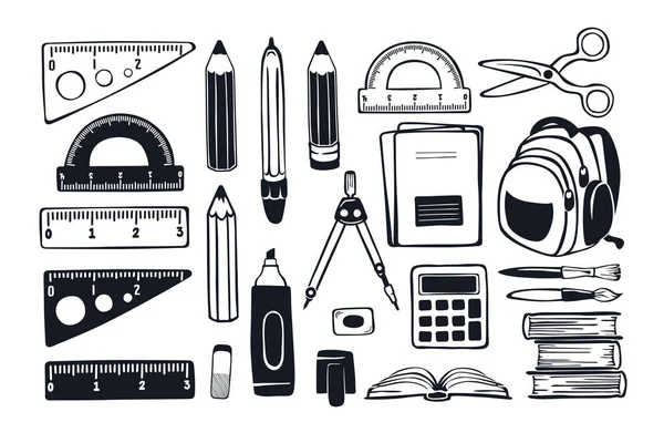 Okul malzemeleri hazır. Okul ekipmanı klipsli sanat. Resmin el çizimi monokrom koleksiyonu