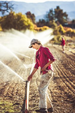 Woman setting irragation sprinklers.