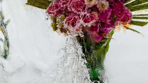 Frozen flowers. Creative abstract bright flowers and ice with air bubbles. — Stock Video