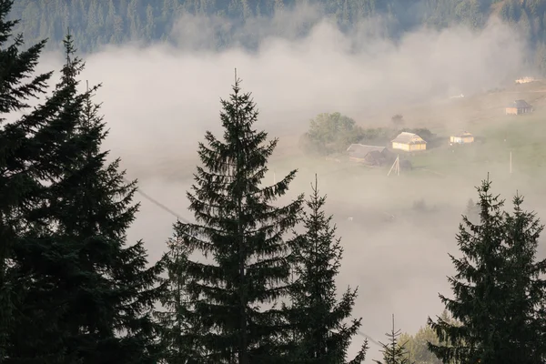 Cenário surpreendente de campo idílico com colinas ondulantes veladas em neblina matinal. Vista aérea de uma fazenda no topo de uma enevoada manhã de primavera — Fotografia de Stock