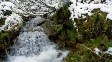 Ağır çekim. Dağ Nehri 'ne kar yağıyor Taş kayalar ve taş akıntılarıyla. Creek 'te hızlı su sıçratma. Kış mevsiminde dağ deresi.