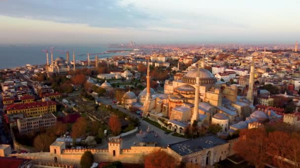 Widok z lotu ptaka na meczet Hagia Sophia i widok na Istambuł w dzień — Wideo stockowe