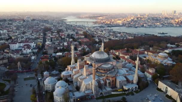 Widok z lotu ptaka na meczet Hagia Sophia i widok na Istambuł w dzień — Wideo stockowe