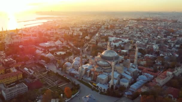 Widok z lotu ptaka na meczet Hagia Sophia i widok na Istambuł w dzień — Wideo stockowe