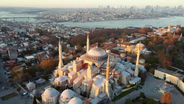 Luchtfoto van Hagia Sophia moskee en uitzicht op Istanbul in de dag — Stockvideo