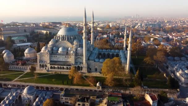 Luftutsikt Suleymaniye-moskeen med klar himmel i Istanbul, Tyrkia – stockvideo