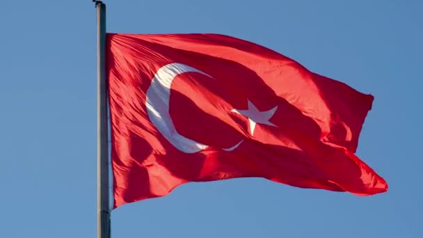 Turkse vlag met een ster en halve maan zwaaiend in de lucht op een paal — Stockvideo