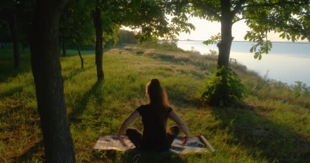 Ein Mädchen praktiziert Yoga im Park am Ufer des Meeres bei Sonnenuntergang. Sommer Hintergrund, UHD, 4K — Stockvideo