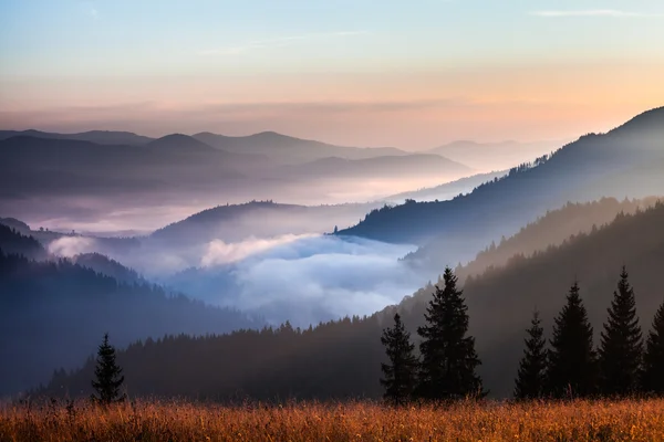 Nevoeiro e nuvem paisagem vale montanha — Fotografia de Stock