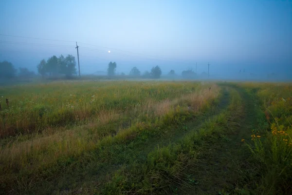 Moon återspeglas i en sjö på en moor på en Dimmig morgon — Stockfoto