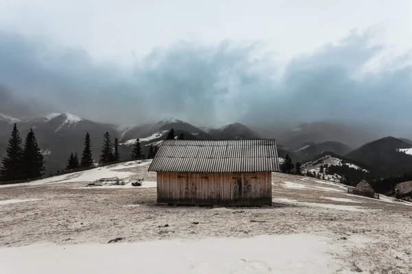 Houten huis in winterbos — Stockfoto