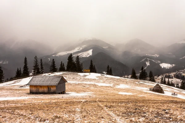 Casa in legno nella foresta invernale — Foto Stock