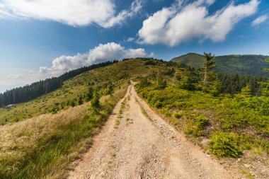 Dağlardaki yaz manzarası ve bulutlu koyu mavi gökyüzü.
