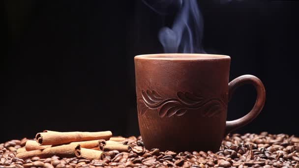 Cup of coffee on black background — Stock Video