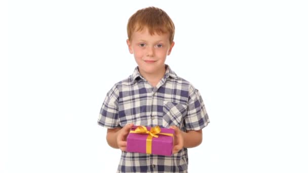 Little boy holding a box with a present — Stock Video