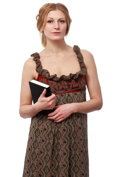 Kobieta w sukni jasny z książką, — Zdjęcie stockowe