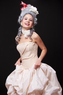  Oynak exp bir flyffy elbiseli genç bir ihale kadın portresi