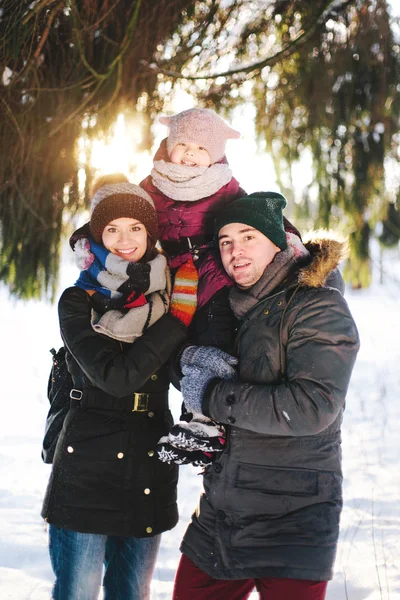 Happy family in the winter forest Royalty Free Stock Images