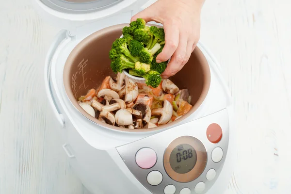 Salmon with broccoli in multicooker — Stock Photo, Image