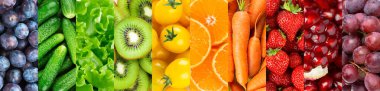 Meyve, sebze ve böğürtlenlerin arka planı. Taze renkli yiyecekler. Sağlıklı yaşam tarzı