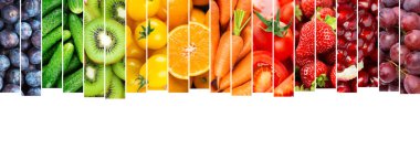 Meyve, sebze ve böğürtlen kolajı. Taze yemek.