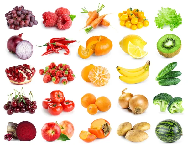 Collection Color Fruits Vegetables White Background Fresh Food — Stock Photo, Image