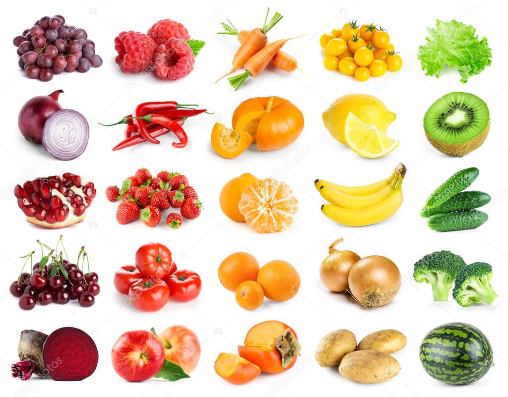 Collection of color fruits and vegetables on white background. Fresh food
