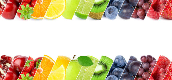 Fruits. Collage of fresh fruits and berries on white background