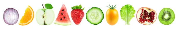 Colección Frutas Verduras Aisladas Sobre Fondo Blanco Alimentos Frescos Rodajas — Foto de Stock