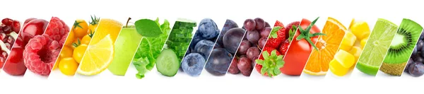 Ovoce Zelenina Koláž Čerstvého Ovoce Zeleniny Bobulí Bílém Pozadí Duhové — Stock fotografie