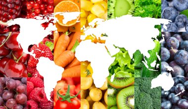 Meyve ve sebzelerin dünya haritası. Taze yemek. Kavram