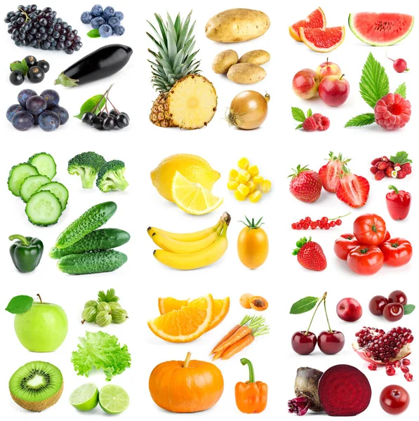 白い背景に色の果物や野菜のコレクション 新鮮な食べ物 — ストック写真