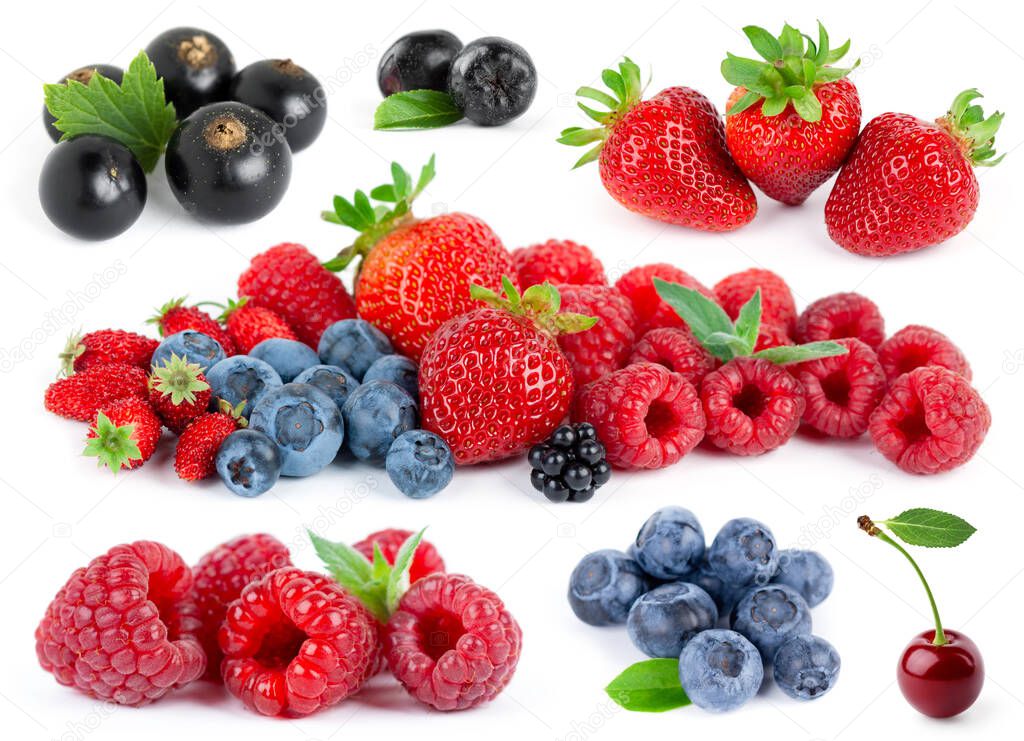 Fruits. Collection of berries on white background. Strawberry, blueberry, black currant, cherry and raspberry.