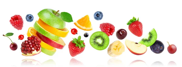 Mixed Fruits White Background Stack Fruits Falling Fruits — Stock Photo, Image