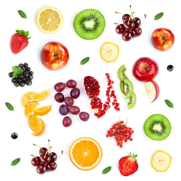 Frutas Frutas Bagas Misturadas Fundo Branco Comida Fresca Frutas Contexto — Fotografia de Stock