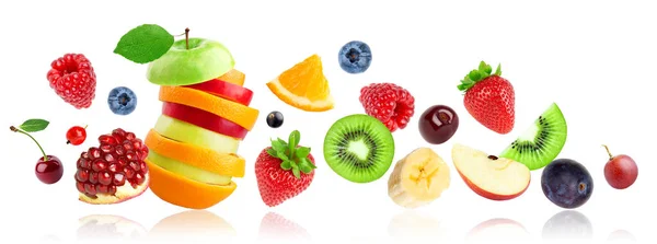 Frutas Mistas Sobre Fundo Branco Pilha Frutas Frutos Queda — Fotografia de Stock