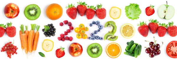 水果和蔬菜 2022年新年由白色背景的水果和蔬菜制成 健康食品 — 图库照片