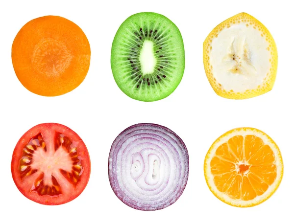 Verzameling van vers fruit en plantaardige segmenten — Stockfoto