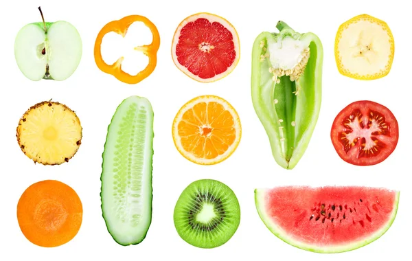 Verzameling van vers fruit en plantaardige segmenten — Stockfoto