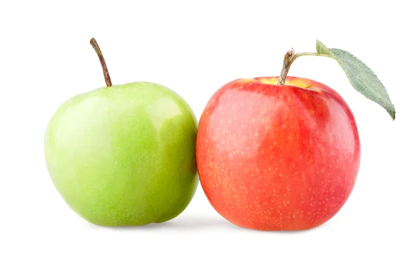 Zelené a červené jablko s listy — Stock fotografie