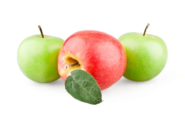 Dos manzanas verdes y rojas con una hoja —  Fotos de Stock