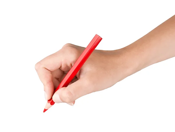 Kvinnlig hand innehav röd penna — Stockfoto
