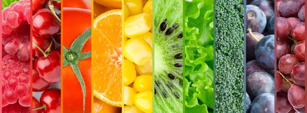 Színes gyümölcsök, bogyós gyümölcsök és zöldségek háttér Stock Kép