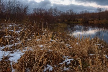 Sonbaharın sonlarında gün batımında kuru uzun otlar ve ön planda ilk karla göl manzarası..